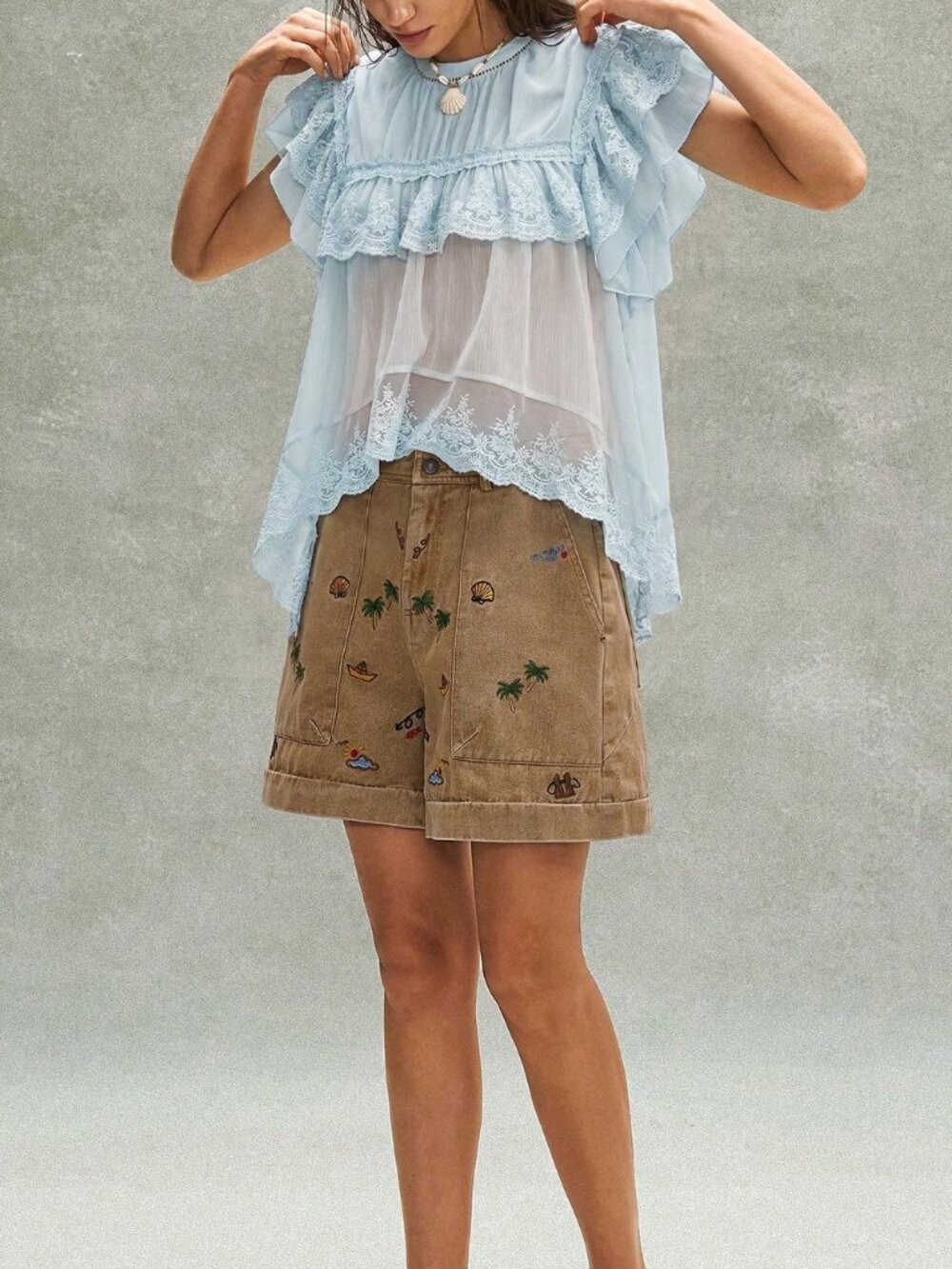 Blue Bohemian Women's Embroidered Ruffled Lace Patchwork Blouse - Picture 7 of 9
